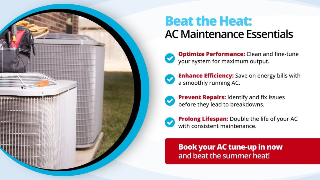 This is an image of an AC unit with a tool box on top of it. The headline reads beat the heat: AC maintenance essentials.